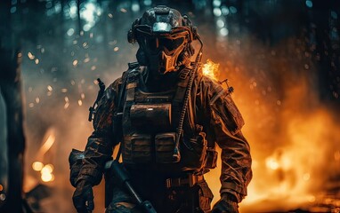 Professional soldier dressed in protective uniform against fire. soldier in uniform of special forces in a dangerous military action in a dangerous enemy area. Non-existent person. Generative Ai.