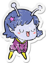 distressed sticker of a happy alien girl cartoon