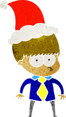 nervous retro cartoon of a boy wearing shirt and tie wearing santa hat