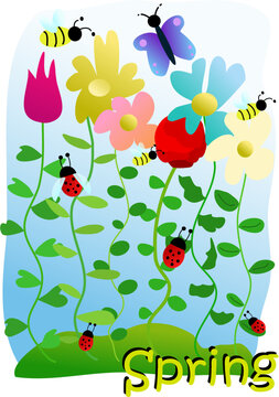 Spring time illustration with flowers and insects