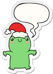 cute cartoon frog wearing christmas hat and speech bubble sticker