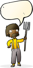 cartoon farmer with pitchfork with speech bubble