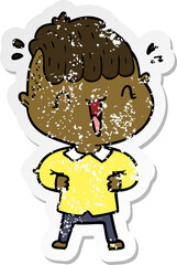 distressed sticker of a cartoon happy boy surprised