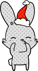 curious bunny comic book style illustration of a wearing santa hat