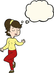 cartoon dancing woman with thought bubble