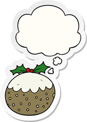 cartoon christmas pudding and thought bubble as a printed sticker