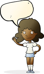 cartoon woman waving with speech bubble