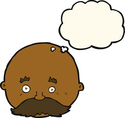 cartoon bald man with mustache with thought bubble