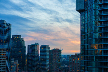View on Skyscrapers in Toronto Ontario Canada at Sunset