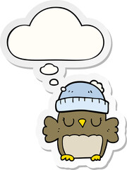 cute cartoon owl in hat and thought bubble as a printed sticker