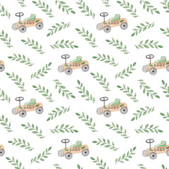 Watercolor seamless pattern of retro car and green leaves