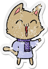 distressed sticker of a happy cartoon cat