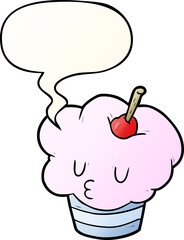funny cartoon cupcake and speech bubble in smooth gradient style