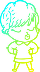 cold gradient line drawing cartoon woman with eyes shut