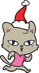 line drawing of a cat out for a run wearing santa hat