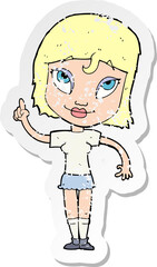 retro distressed sticker of a cartoon woman with idea