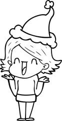 line drawing of a happy woman wearing santa hat