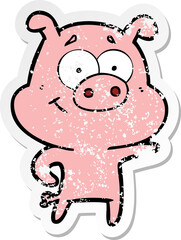 distressed sticker of a cartoon pig pointing