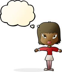 cartoon woman with outstretched arms with thought bubble