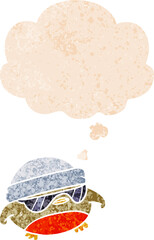 cartoon cool christmas robin and thought bubble in retro textured style