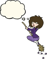 cartoon witch riding broomstick with thought bubble