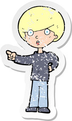 retro distressed sticker of a cartoon pointing boy