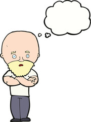 cartoon shocked bald man with beard with thought bubble