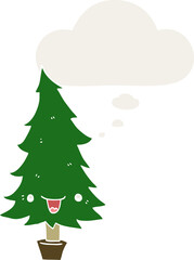 cute cartoon christmas tree and thought bubble in retro style