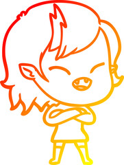warm gradient line drawing cartoon laughing vampire girl with crossed arms