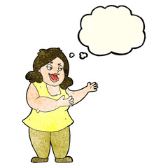 cartoon happy fat woman with thought bubble