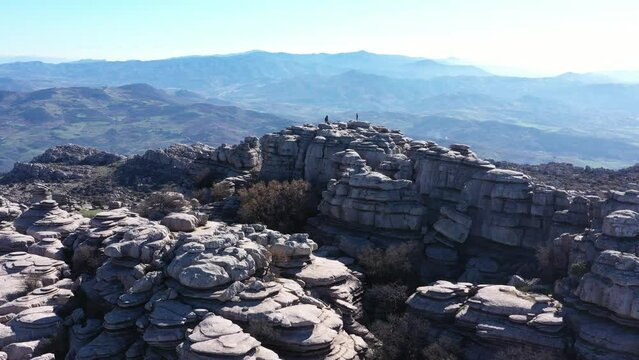 Impressive Mountain top rocks in Torcal de Antequera seen from above, aerial drone view of karstik rocks in Spain