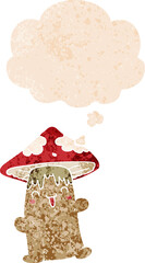 cartoon mushroom character and thought bubble in retro textured style