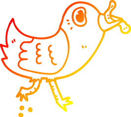 warm gradient line drawing cartoon bird with worm