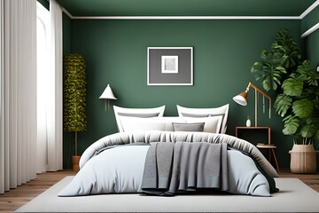 Bed Between Ladder and Plant in Green Boho Bedroom Interior with Grey Carpet under Lamps