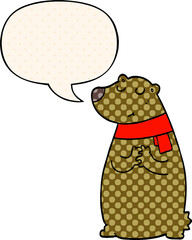 cartoon bear wearing scarf and speech bubble in comic book style