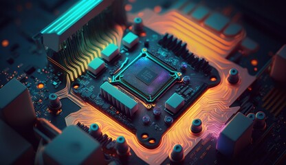 Microchip on motherboard, surface zoom in computer chip technology, neon light lines, IT