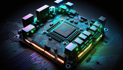 Microchip on motherboard, surface zoom in computer chip technology, neon light lines, IT