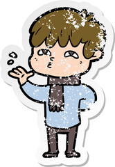 distressed sticker of a cartoon curious man