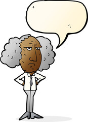 cartoon big hair lecturer man with speech bubble