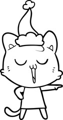 line drawing of a cat singing wearing santa hat