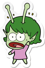 sticker of a cartoon shocked alien girl