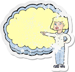 retro distressed sticker of a cartoon woman with text cloud space