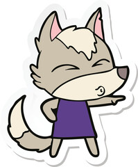 sticker of a cartoon wolf girl whistling and pointing