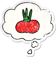 cartoon vegetable and thought bubble as a distressed worn sticker