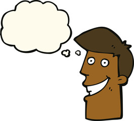 cartoon grinning man with thought bubble