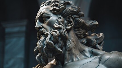 Mighty God Zeus: Close-up Portrait of the Divine King of Olympian Gods, an Ancient Greek Sculpture of Myth and Mythology. Generative AI