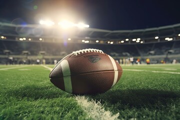 Night Football Game Kicks Off at American Super Bowl: Close-up of Ball on Field with Stadium Lights in Background. Generative AI