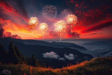 The Splendor of Nature: Generative Fireworks in a Misty Mountain Landscape at Sunset: Generative AI