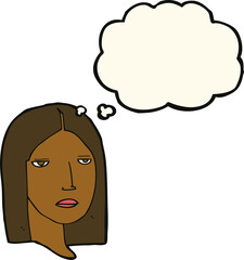 cartoon serious woman with thought bubble