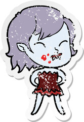 distressed sticker of a cartoon vampire girl with blood on cheek